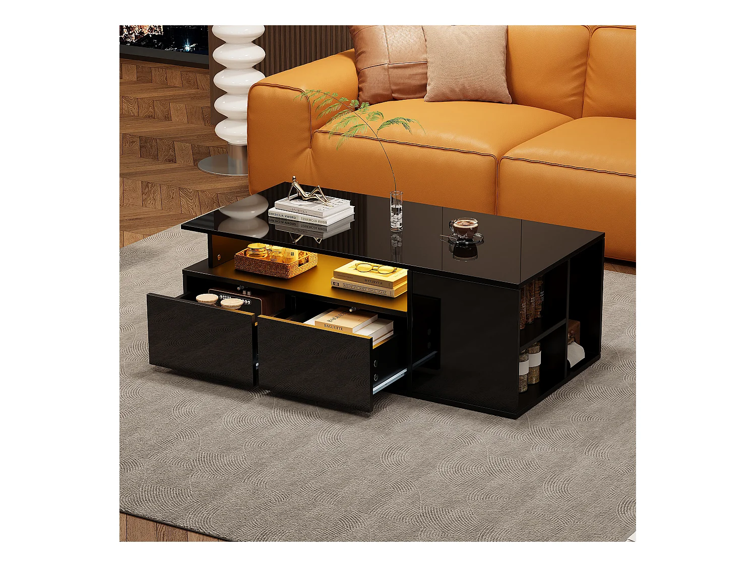 Tavolino da caffè con LED, con 2 cassetti e spazio di archiviazione, piano regolabile in altezza, design di alta qualità, nero (100x50x40 cm)