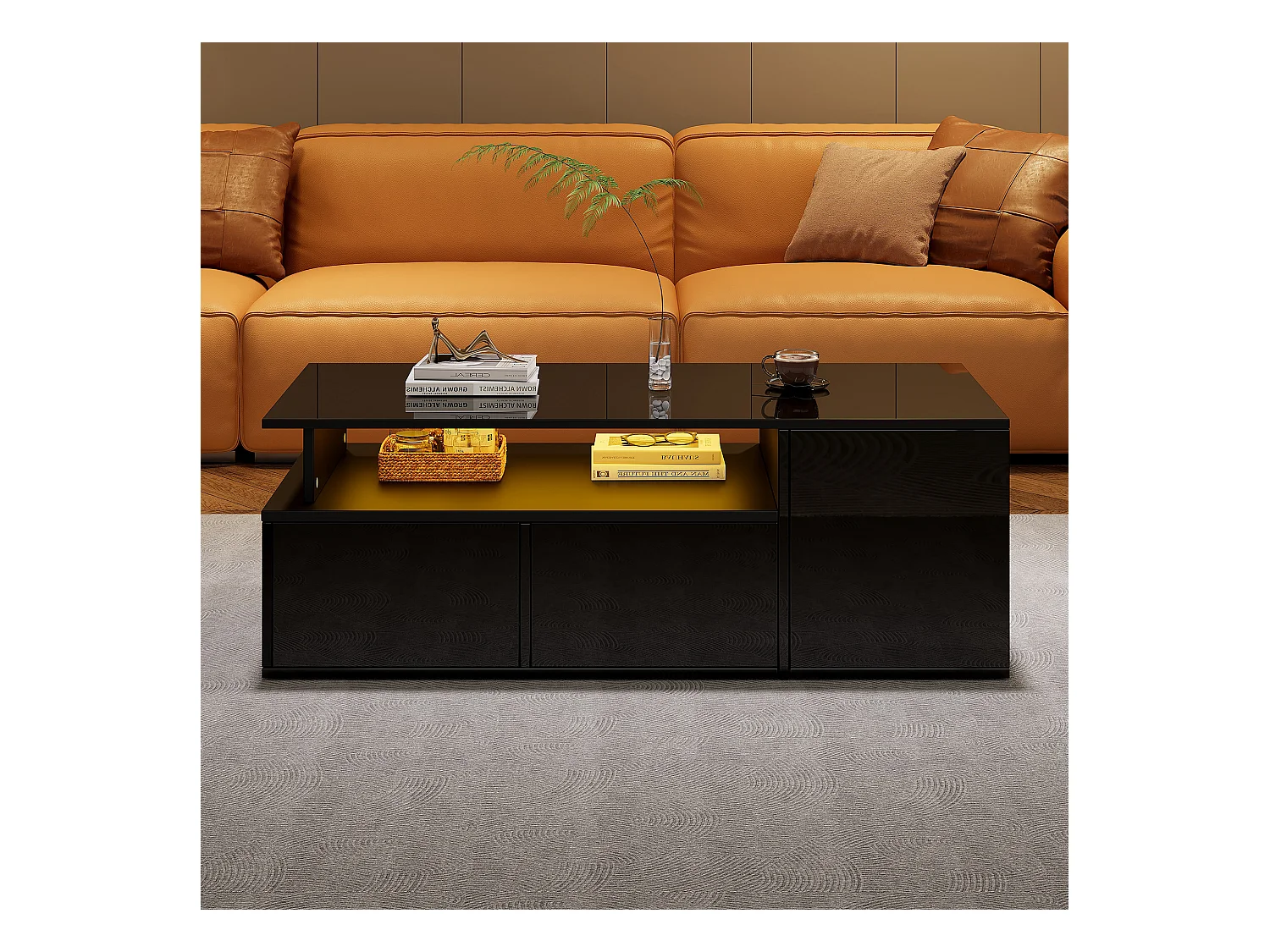 Tavolino da caffè con LED, con 2 cassetti e spazio di archiviazione, piano regolabile in altezza, design di alta qualità, nero (100x50x40 cm)