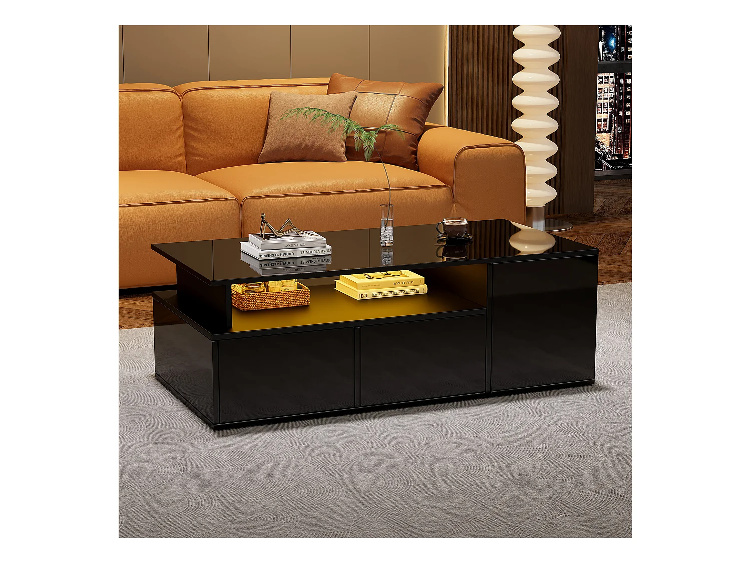 Tavolino da caffè con LED, con 2 cassetti e spazio di archiviazione, piano regolabile in altezza, design di alta qualità, nero (100x50x40 cm)