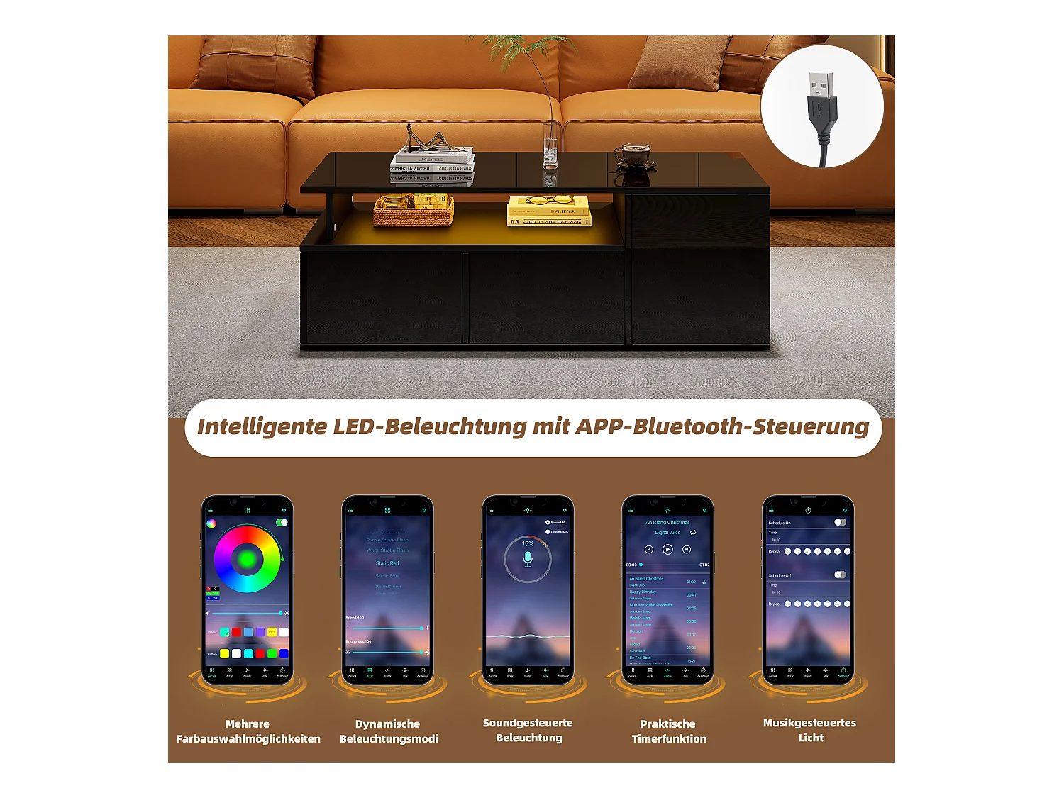 Tavolino da caffè con LED, con 2 cassetti e spazio di archiviazione, piano regolabile in altezza, design di alta qualità, nero (100x50x40 cm)