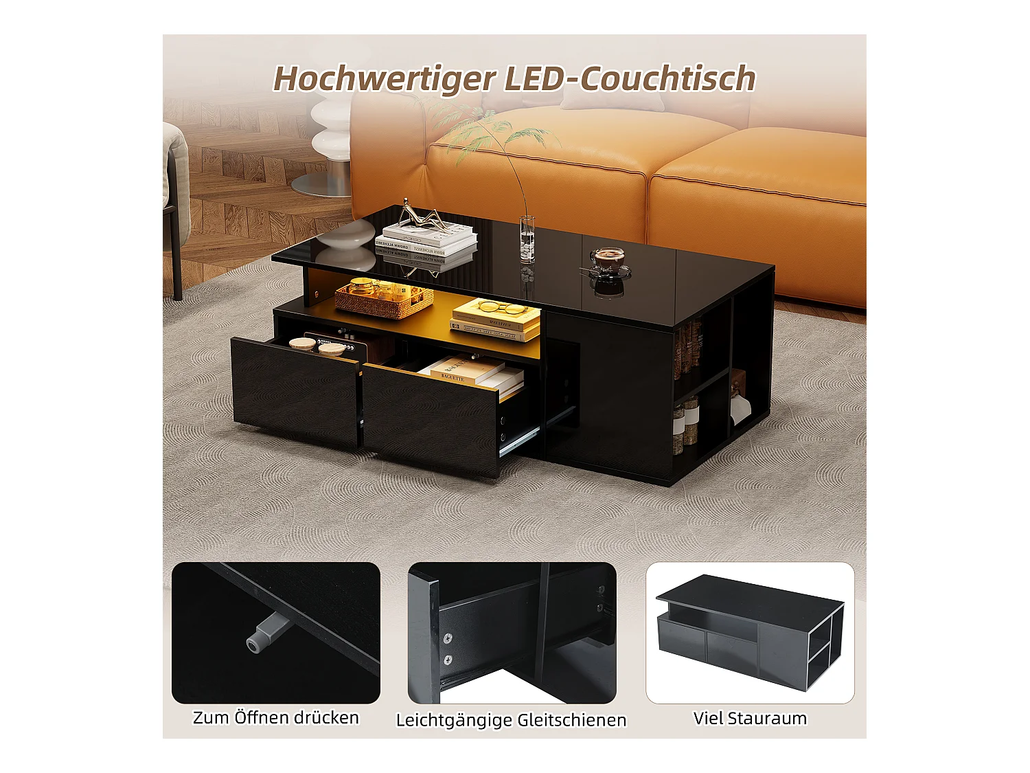 Tavolino da caffè con LED, con 2 cassetti e spazio di archiviazione, piano regolabile in altezza, design di alta qualità, nero (100x50x40 cm)