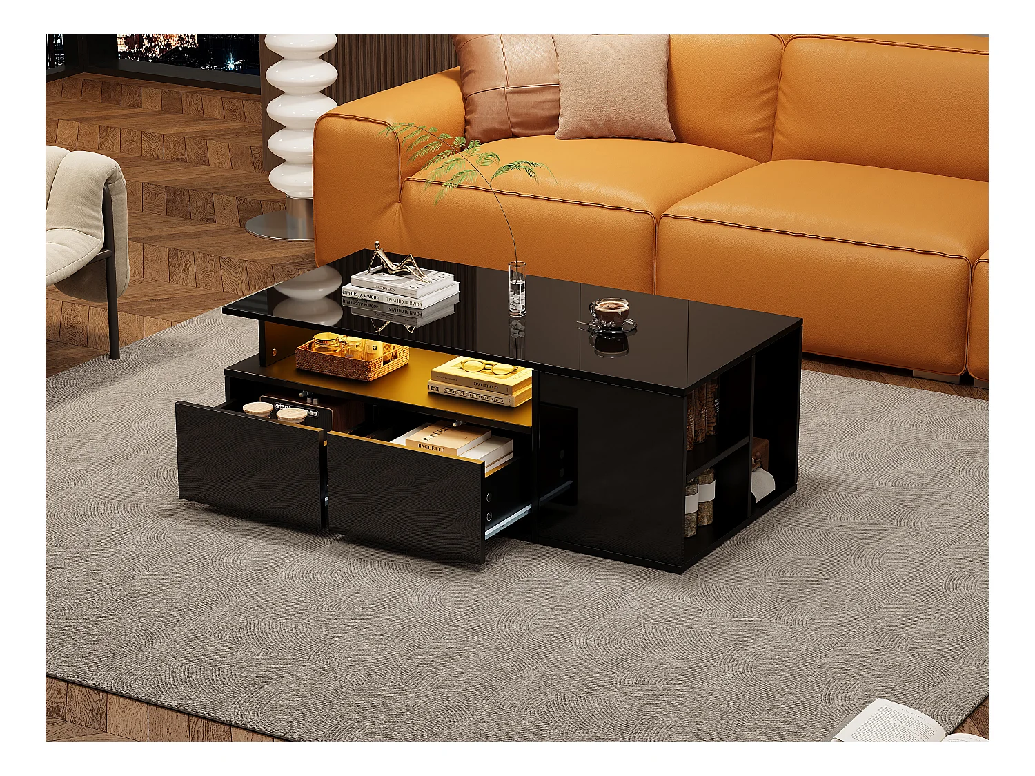 Tavolino da caffè con LED, con 2 cassetti e spazio di archiviazione, piano regolabile in altezza, design di alta qualità, nero (100x50x40 cm)