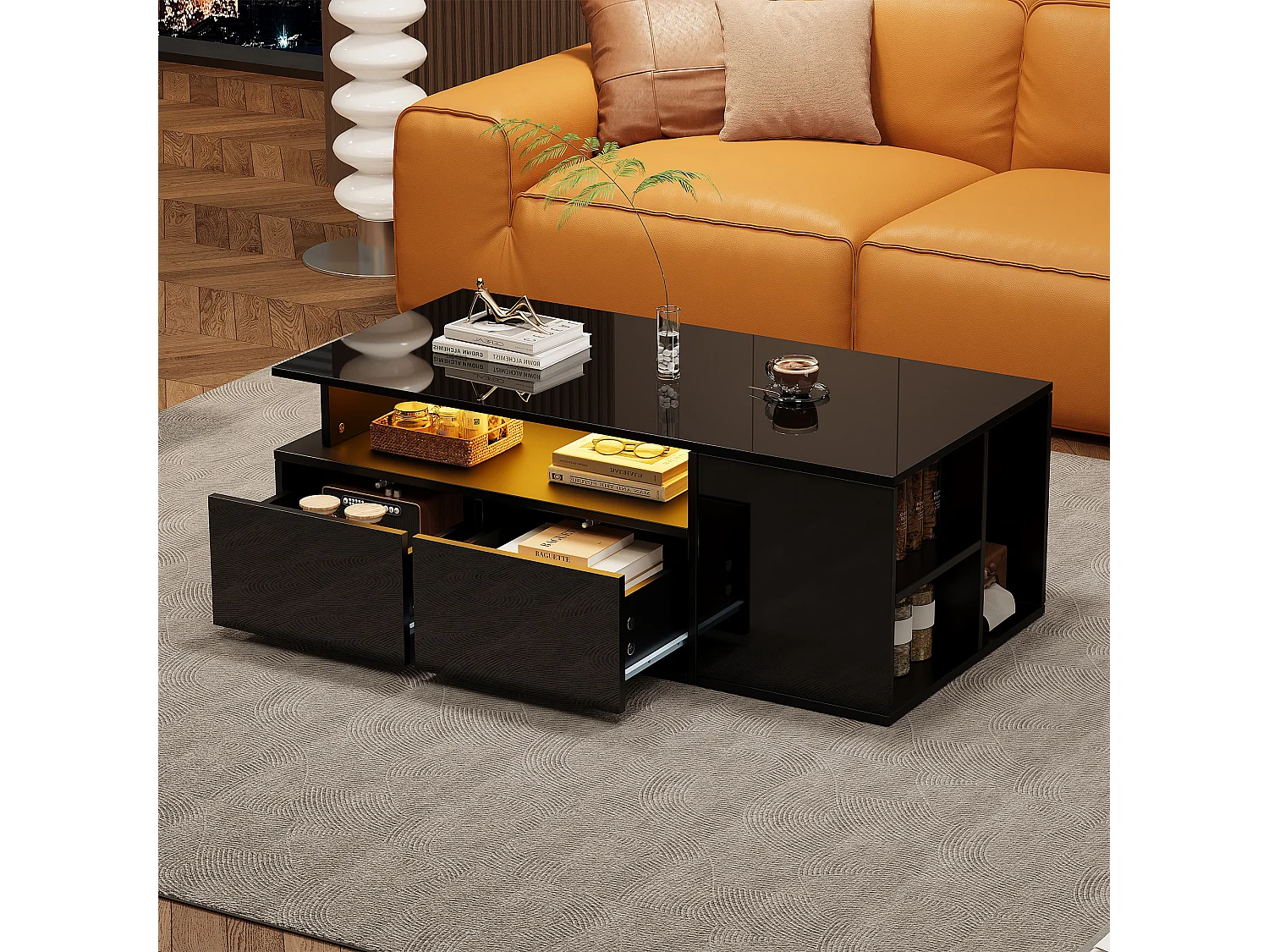 Table basse avec LED, avec 2 tiroirs et espace de rangement, plateau à hauteur ajustable, design haut de gamme, noir (100x50x40 cm)