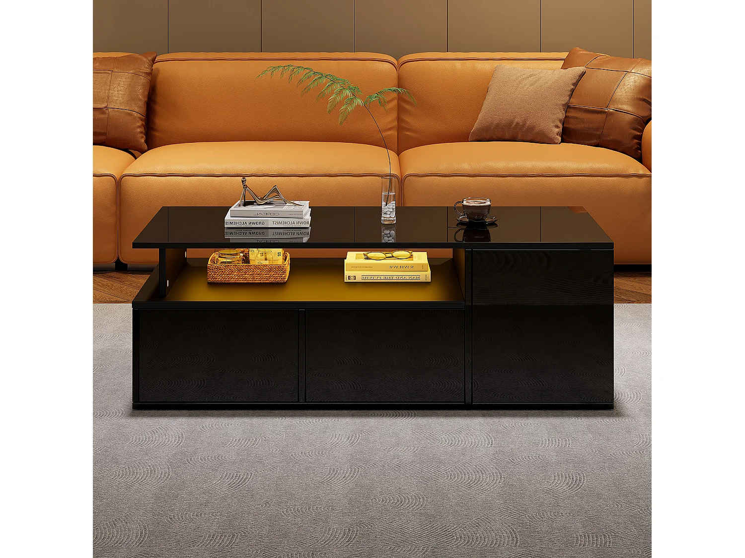 Table basse avec LED, avec 2 tiroirs et espace de rangement, plateau à hauteur ajustable, design haut de gamme, noir (100x50x40 cm)