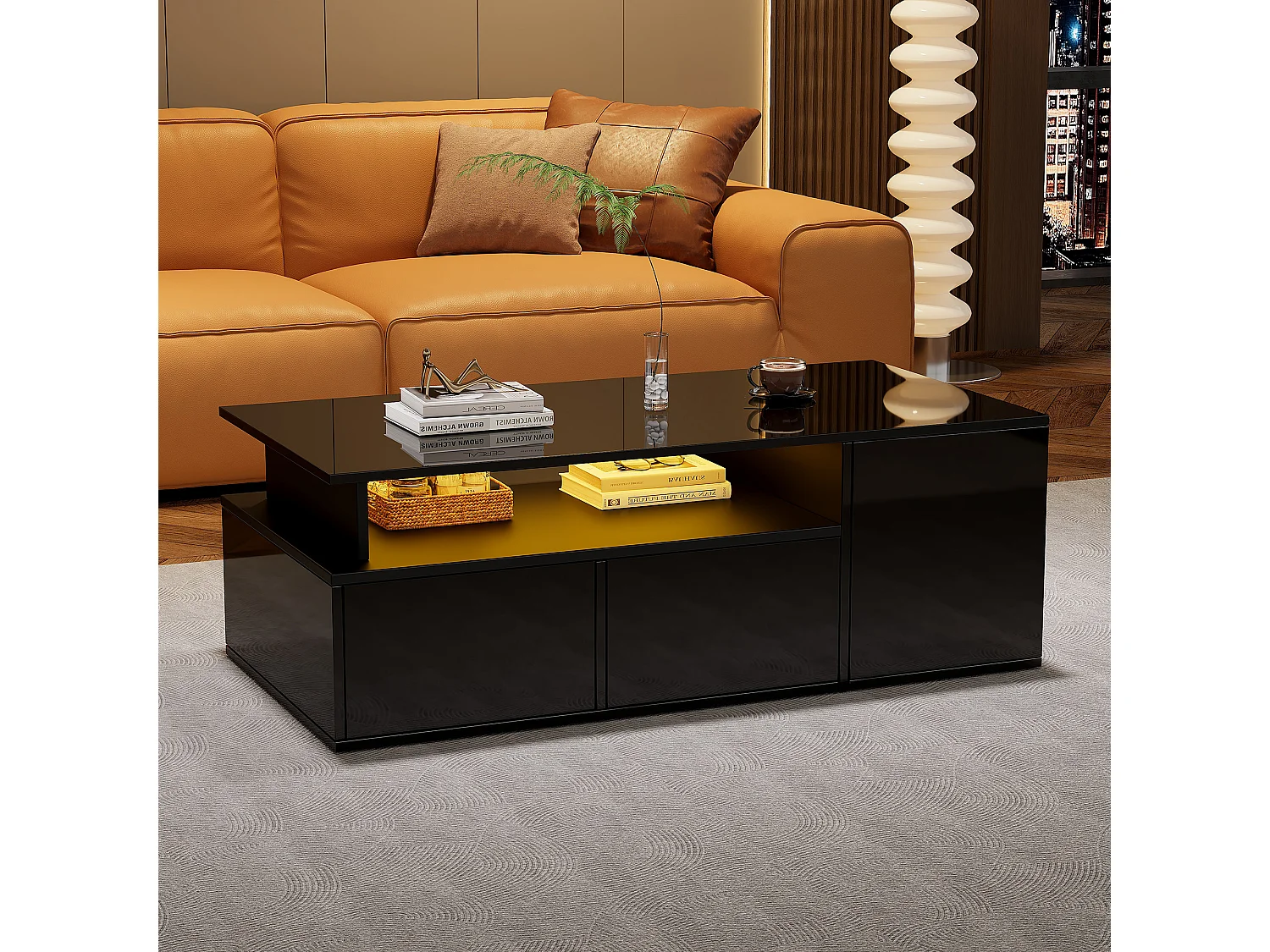 Table basse avec LED, avec 2 tiroirs et espace de rangement, plateau à hauteur ajustable, design haut de gamme, noir (100x50x40 cm)