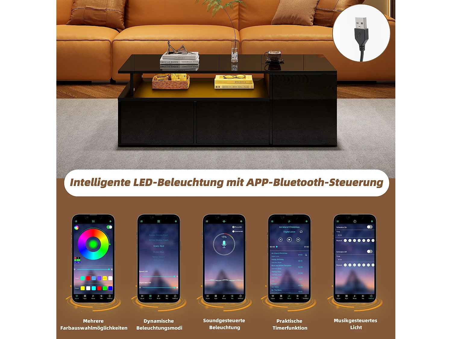 Table basse avec LED, avec 2 tiroirs et espace de rangement, plateau à hauteur ajustable, design haut de gamme, noir (100x50x40 cm)