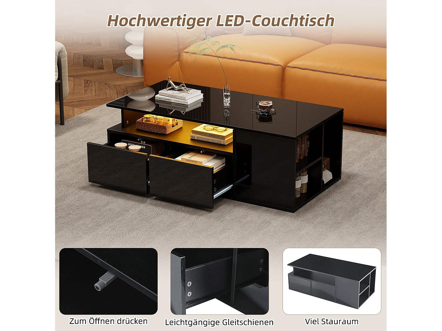 Table basse avec LED, avec 2 tiroirs et espace de rangement, plateau à hauteur ajustable, design haut de gamme, noir (100x50x40 cm)