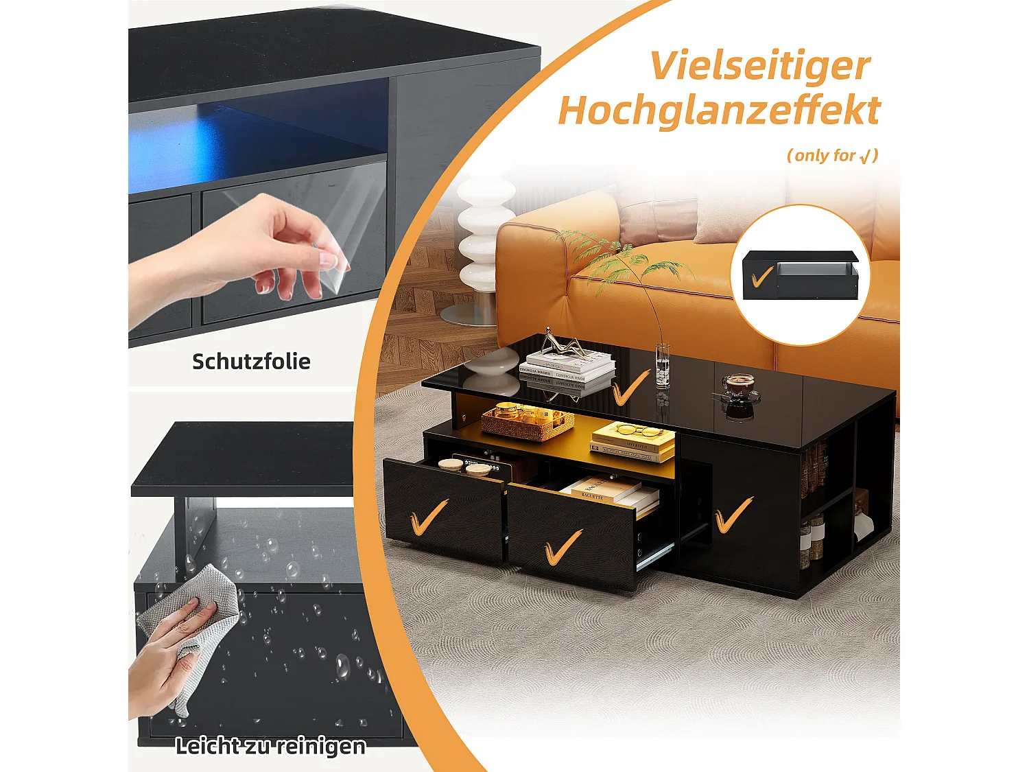 Table basse avec LED, avec 2 tiroirs et espace de rangement, plateau à hauteur ajustable, design haut de gamme, noir (100x50x40 cm)