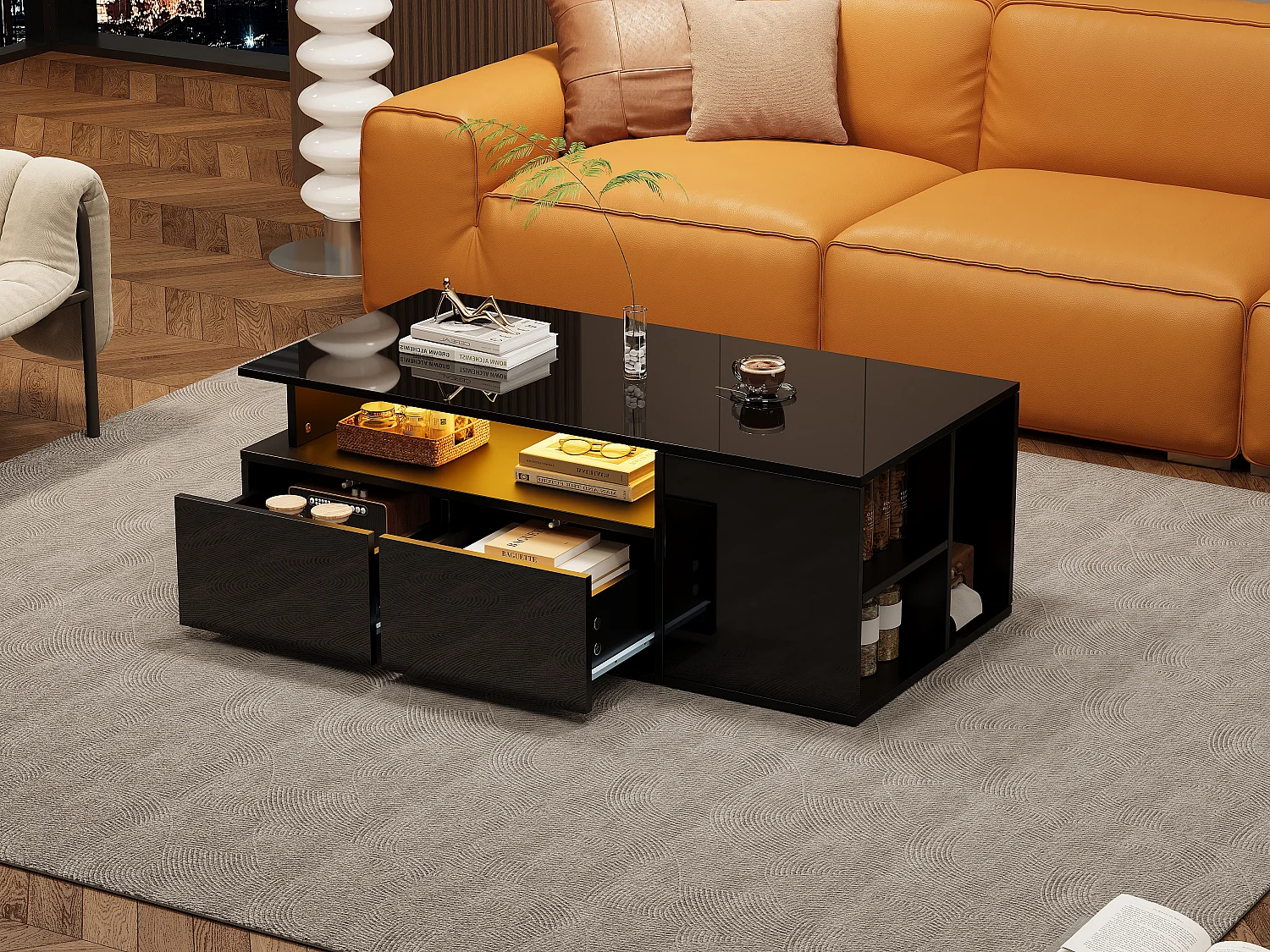 Table basse avec LED, avec 2 tiroirs et espace de rangement, plateau à hauteur ajustable, design haut de gamme, noir (100x50x40 cm)