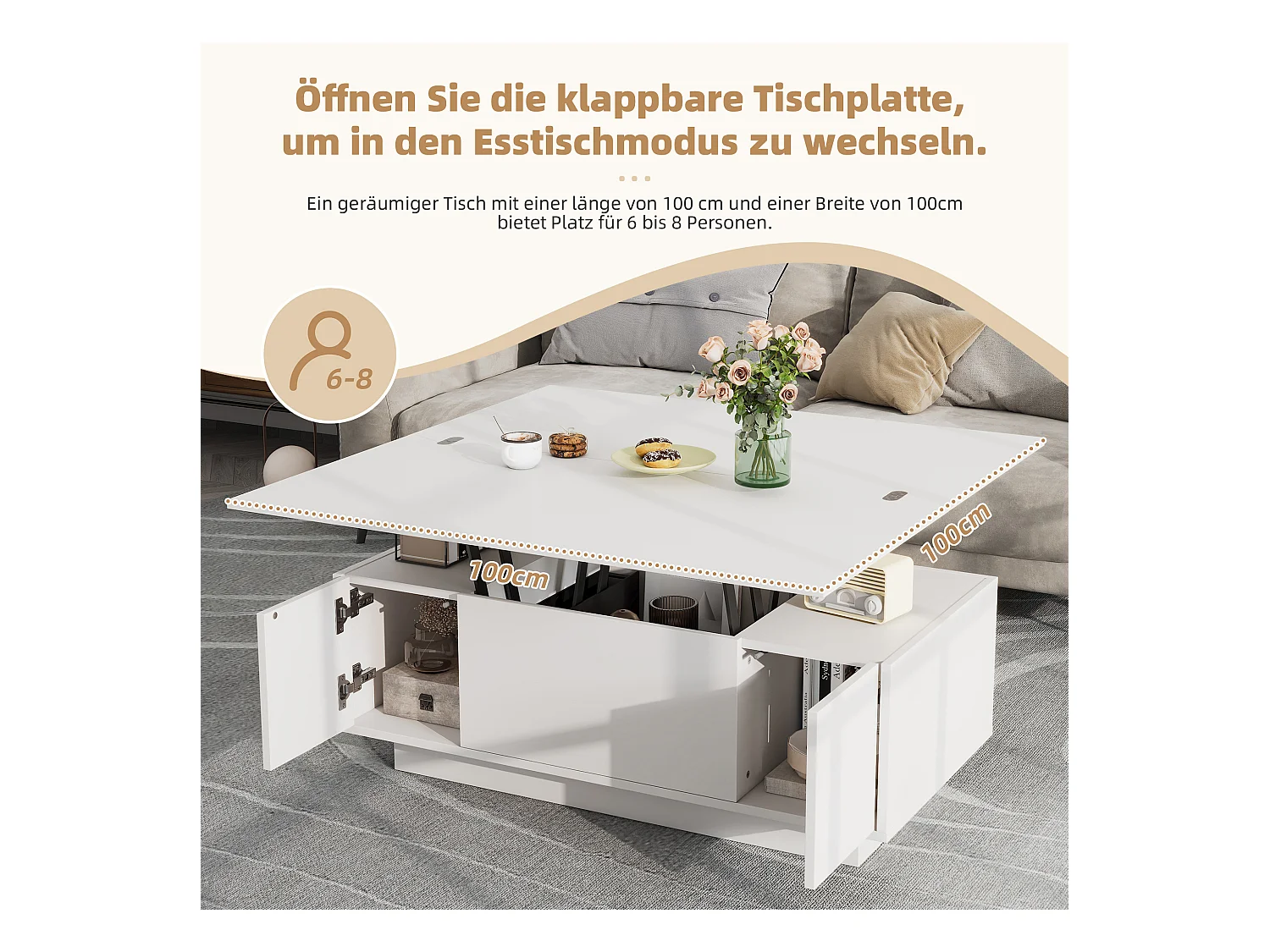 Table basse moderne avec double mécanisme de levage, rangement caché, bois aggloméré, blanc (100x50x43 cm)