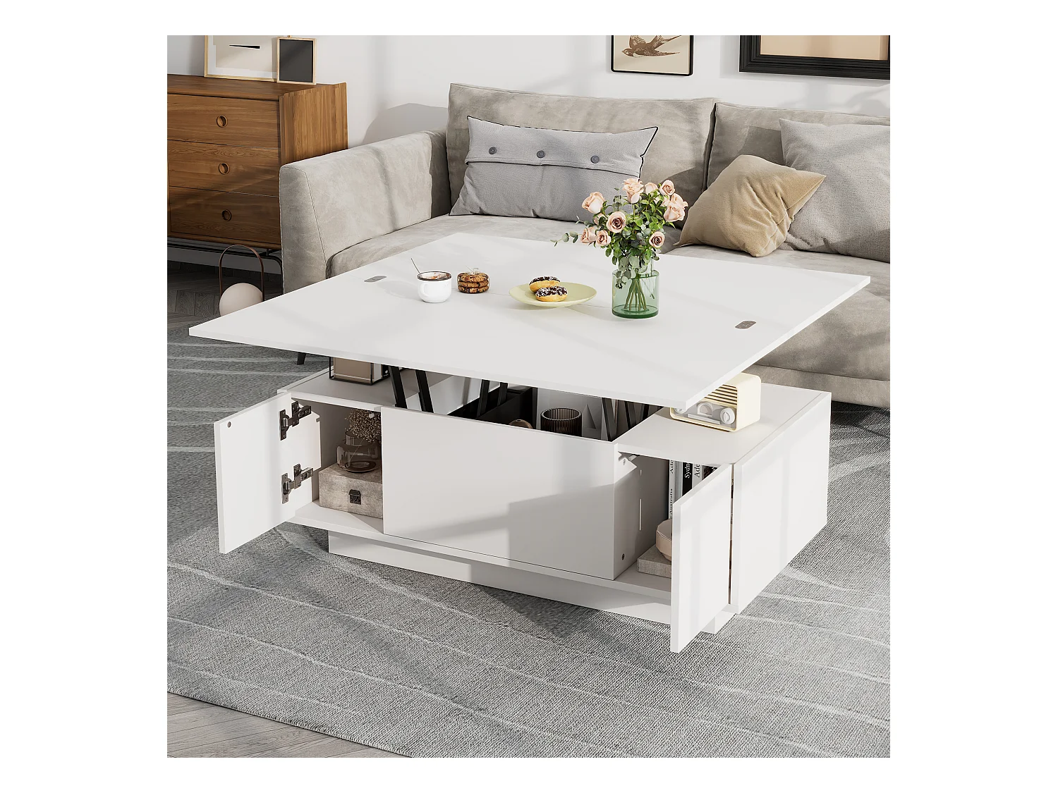 Table basse moderne avec double mécanisme de levage, rangement caché, bois aggloméré, blanc (100x50x43 cm)