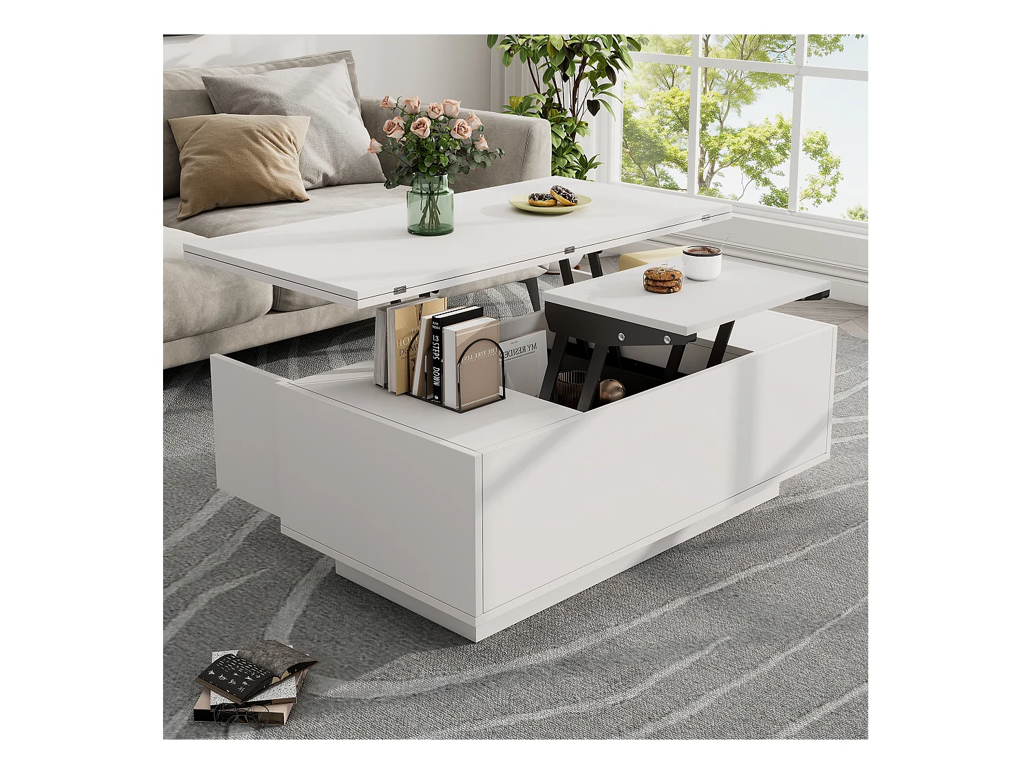 Table basse moderne avec double mécanisme de levage, rangement caché, bois aggloméré, blanc (100x50x43 cm)