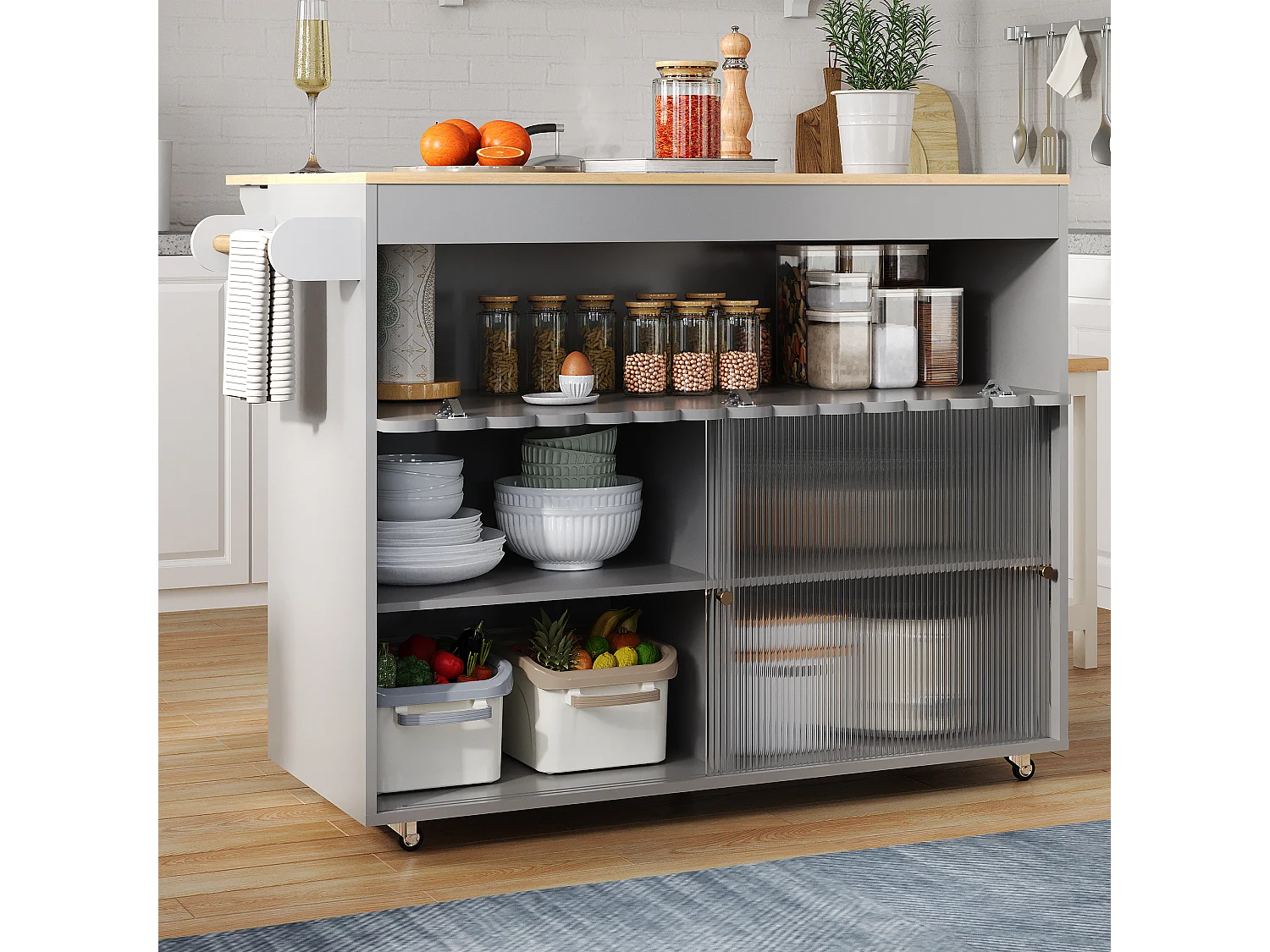 Îlot Cuisine Mobile, Plan Travail Extensible, Eichenfurnier, Portes Verre Trempé, Étageres Réglables, Porte-Serviette (122x46(69)x91 cm)