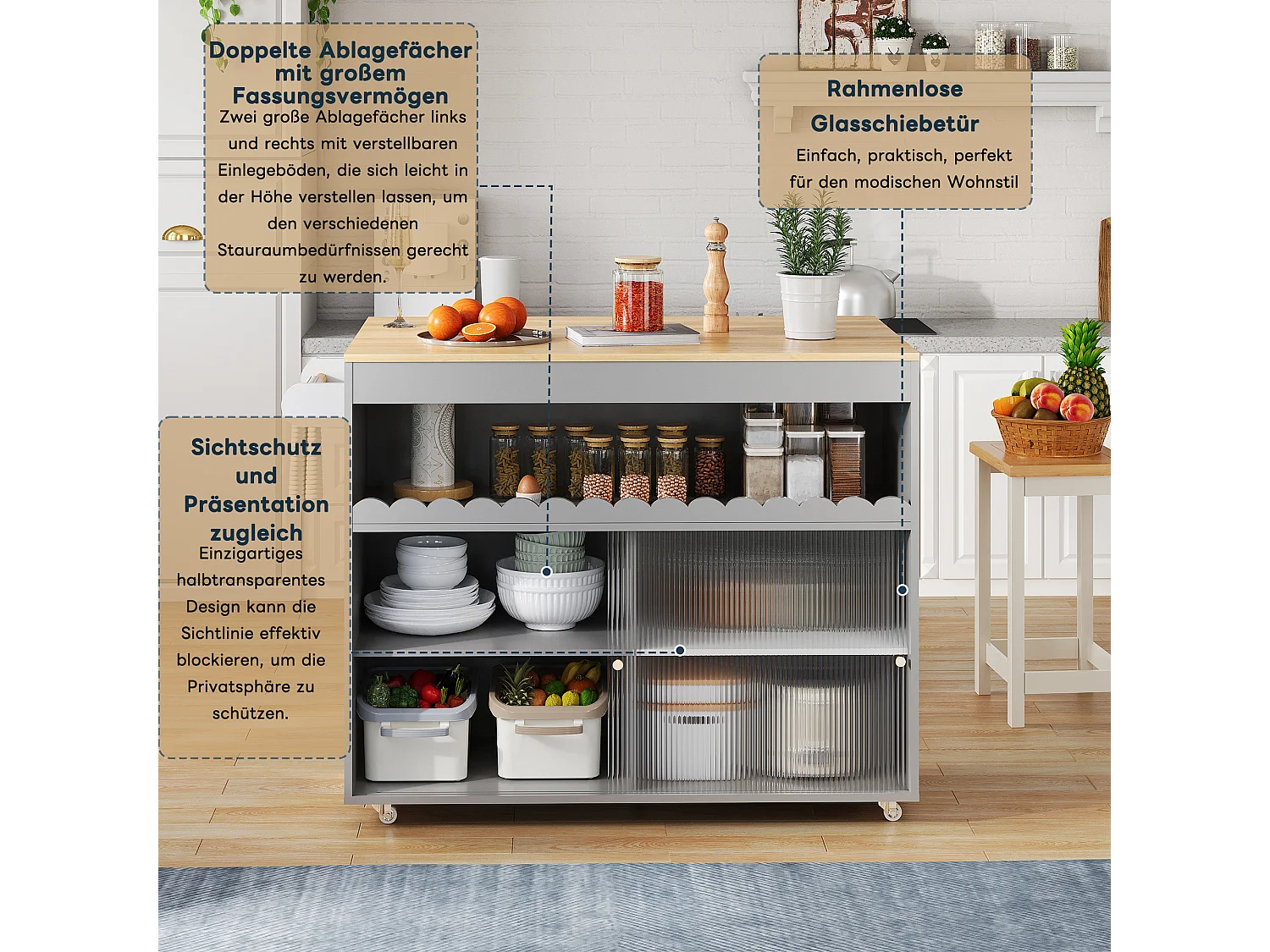 Îlot Cuisine Mobile, Plan Travail Extensible, Eichenfurnier, Portes Verre Trempé, Étageres Réglables, Porte-Serviette (122x46(69)x91 cm)