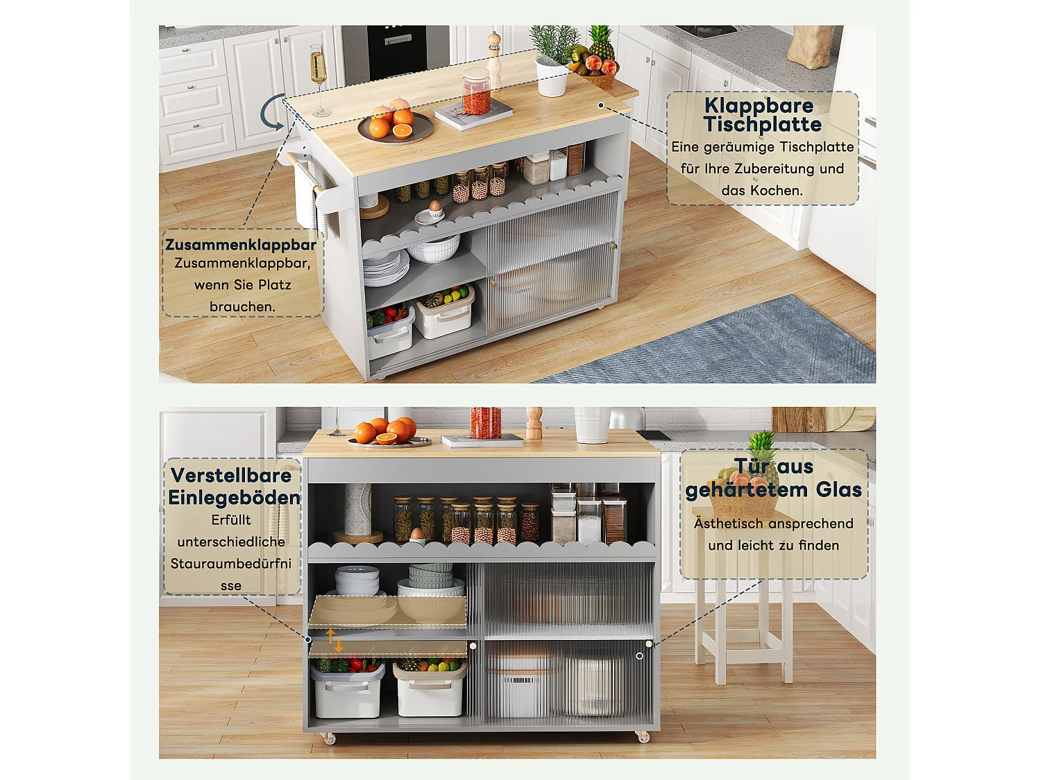 Îlot Cuisine Mobile, Plan Travail Extensible, Eichenfurnier, Portes Verre Trempé, Étageres Réglables, Porte-Serviette (122x46(69)x91 cm)