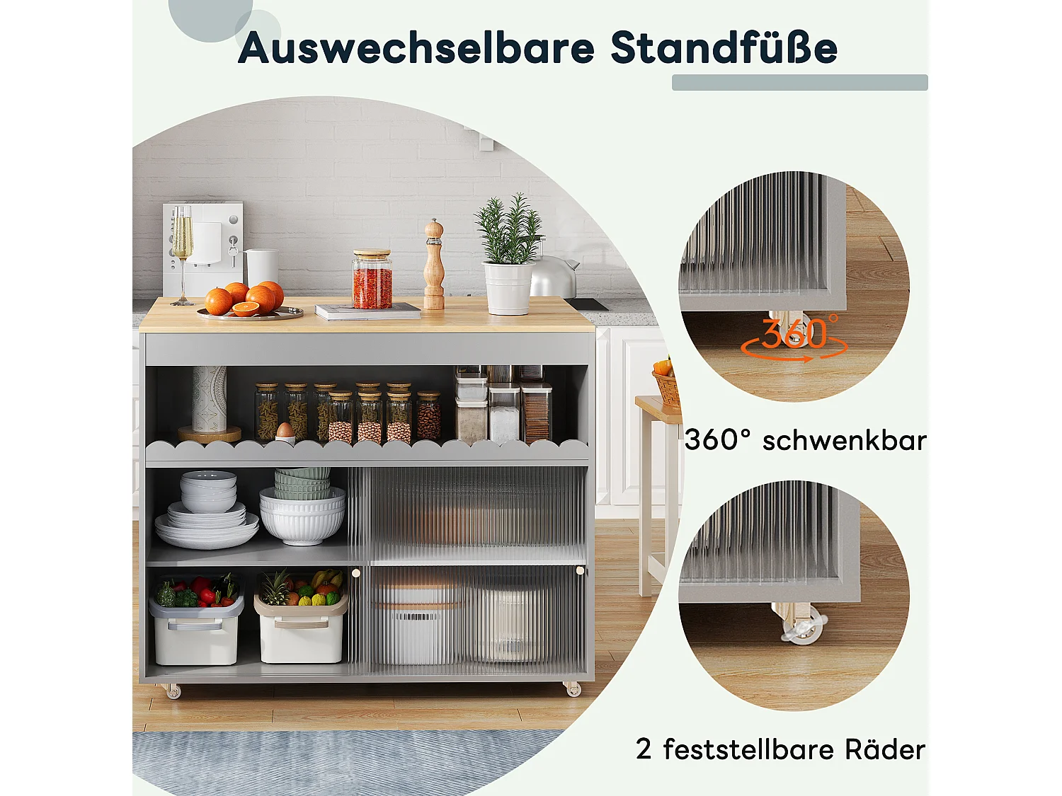 Îlot Cuisine Mobile, Plan Travail Extensible, Eichenfurnier, Portes Verre Trempé, Étageres Réglables, Porte-Serviette (122x46(69)x91 cm)