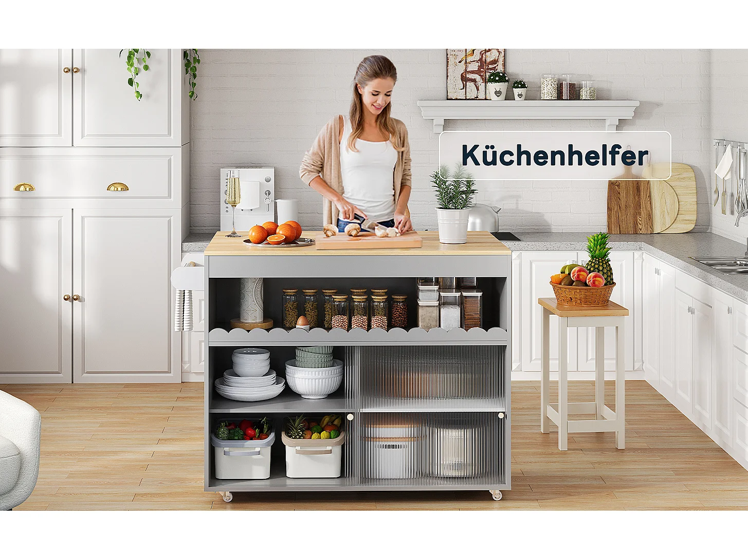 Îlot Cuisine Mobile, Plan Travail Extensible, Eichenfurnier, Portes Verre Trempé, Étageres Réglables, Porte-Serviette (122x46(69)x91 cm)