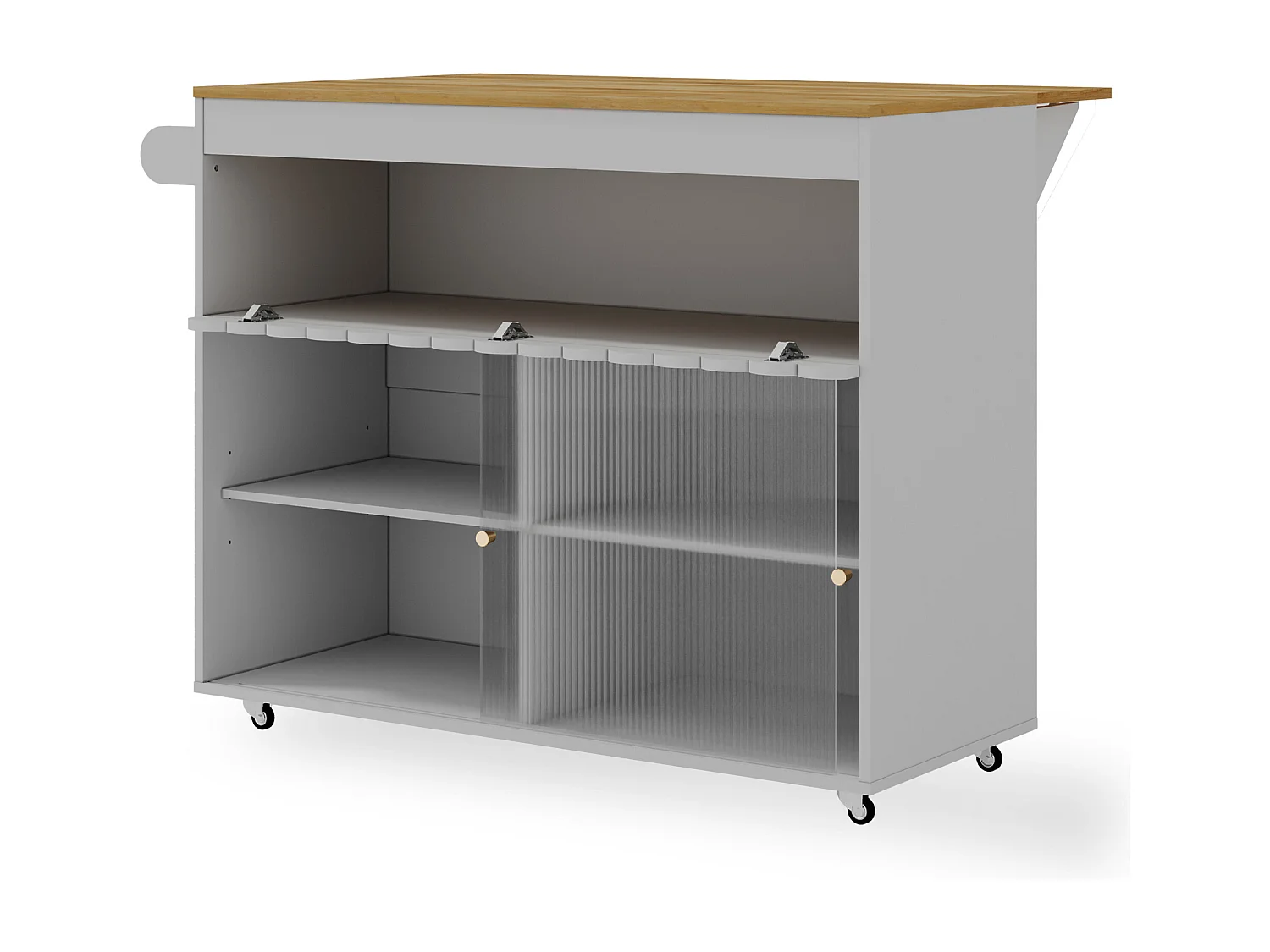 Îlot Cuisine Mobile, Plan Travail Extensible, Eichenfurnier, Portes Verre Trempé, Étageres Réglables, Porte-Serviette (122x46(69)x91 cm)