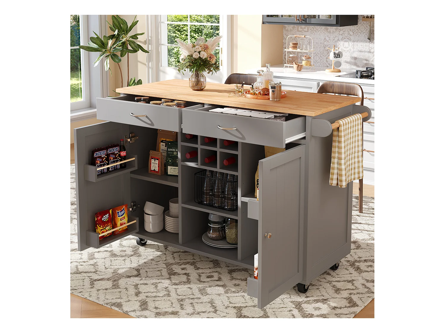 Îlot de cuisine avec plan de travail, rangement flexible et porte-serviettes latéral, bois naturel, noir (102x45x92 cm)