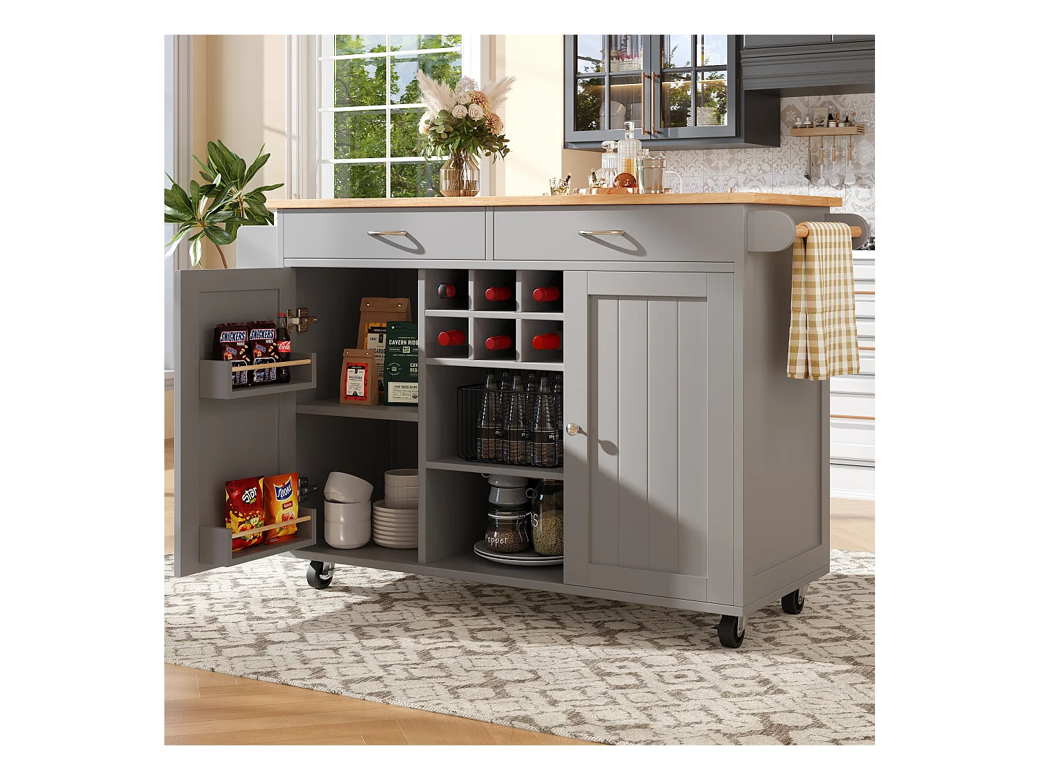 Îlot de cuisine avec plan de travail, rangement flexible et porte-serviettes latéral, bois naturel, noir (102x45x92 cm)