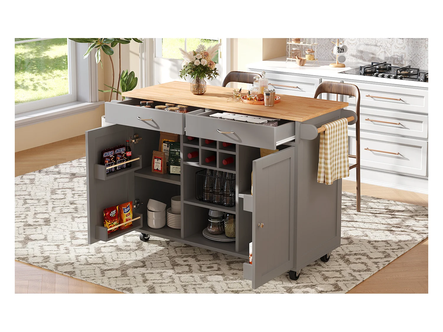 Îlot de cuisine avec plan de travail, rangement flexible et porte-serviettes latéral, bois naturel, noir (102x45x92 cm)