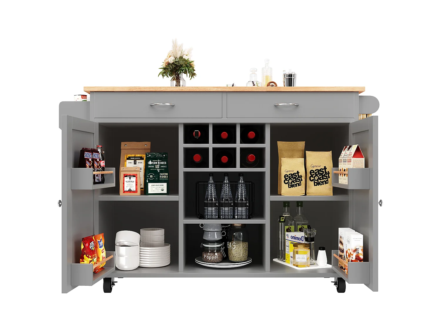 Îlot de cuisine avec plan de travail, rangement flexible et porte-serviettes latéral, bois naturel, noir (102x45x92 cm)