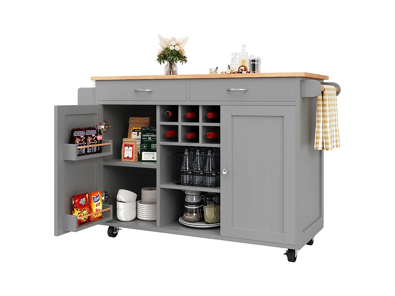 Îlot de cuisine avec plan de travail, rangement flexible et porte-serviettes latéral, bois naturel, noir (102x45x92 cm)