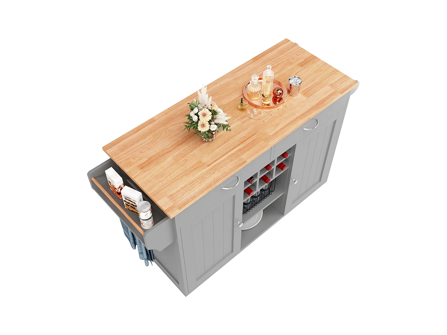 Îlot de cuisine avec plan de travail, rangement flexible et porte-serviettes latéral, bois naturel, noir (102x45x92 cm)