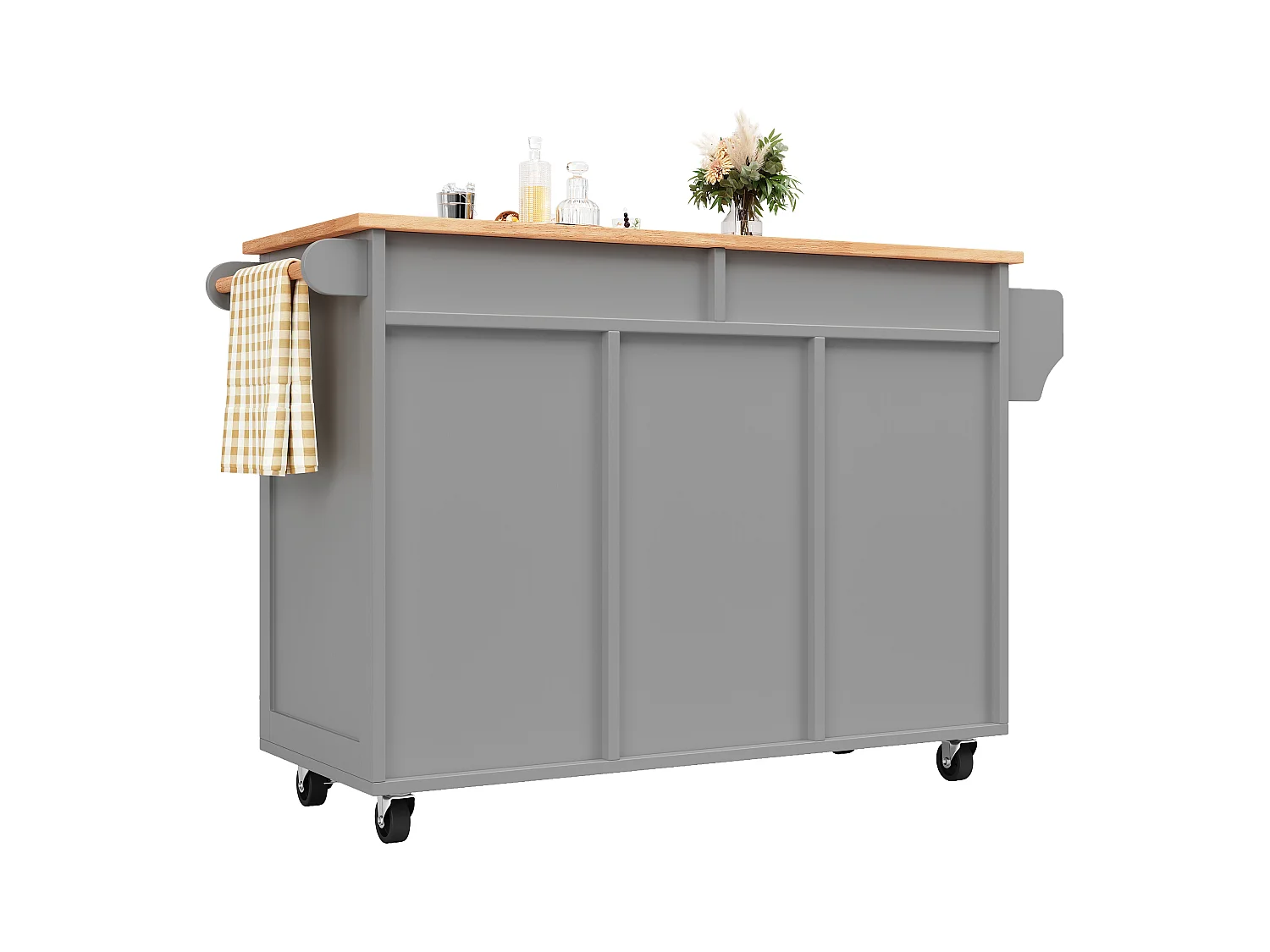 Îlot de cuisine avec plan de travail, rangement flexible et porte-serviettes latéral, bois naturel, noir (102x45x92 cm)