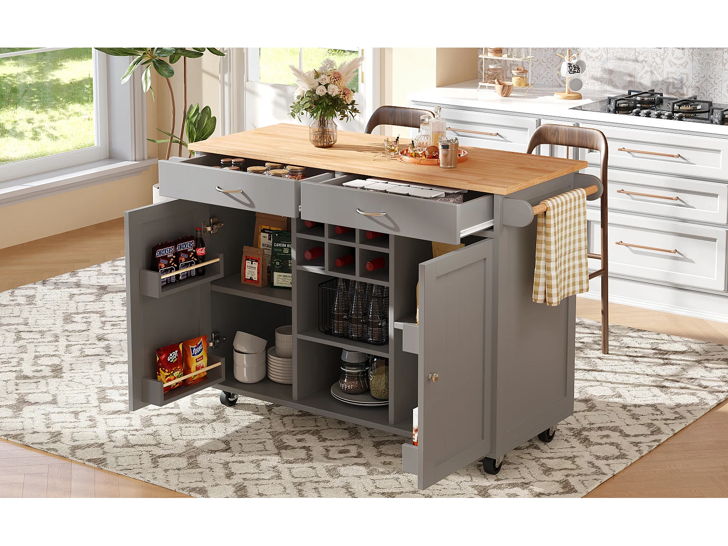 Îlot de cuisine avec plan de travail, rangement flexible et porte-serviettes latéral, bois naturel, noir (102x45x92 cm)