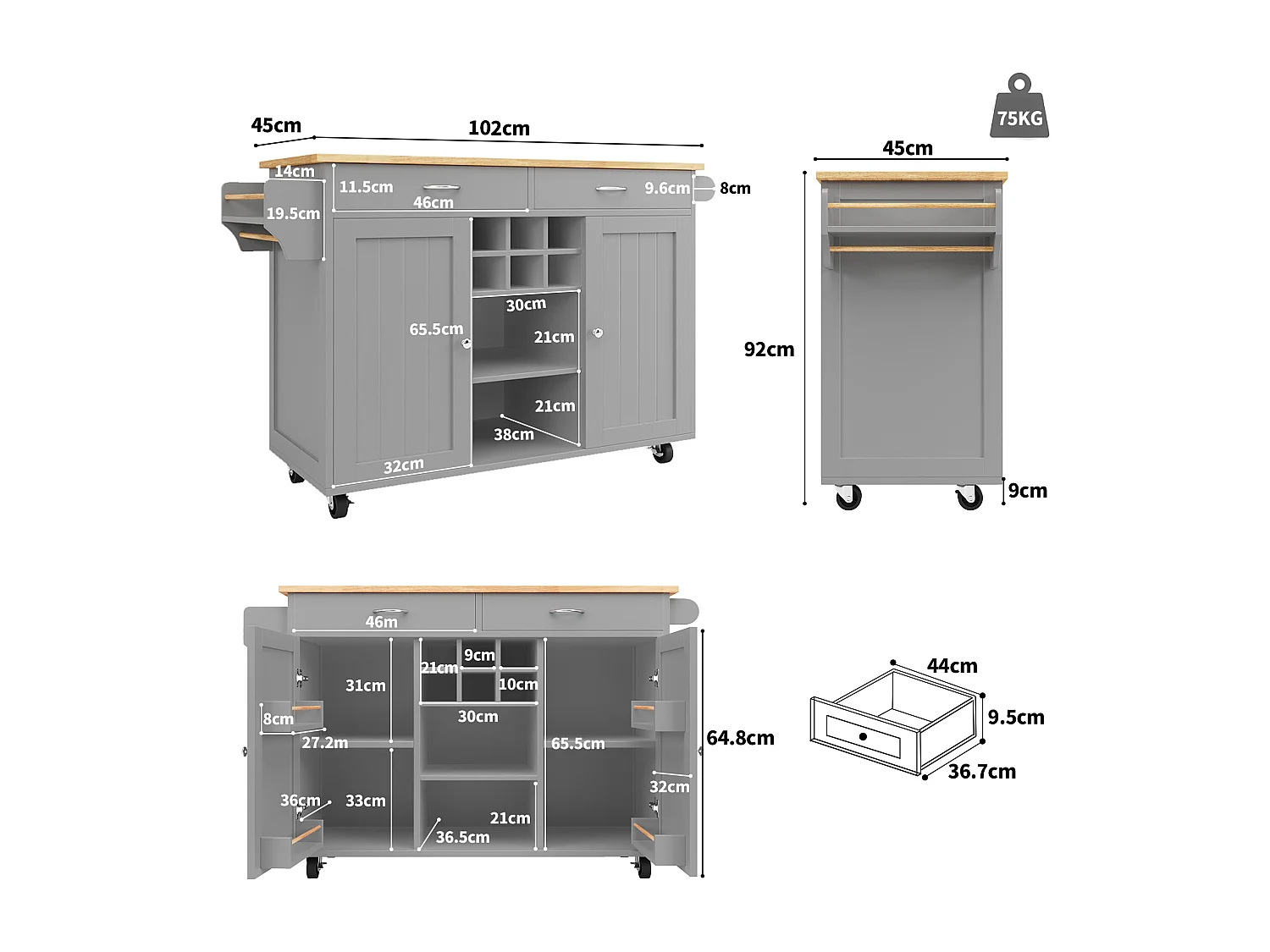 Îlot de cuisine avec plan de travail, rangement flexible et porte-serviettes latéral, bois naturel, noir (102x45x92 cm)