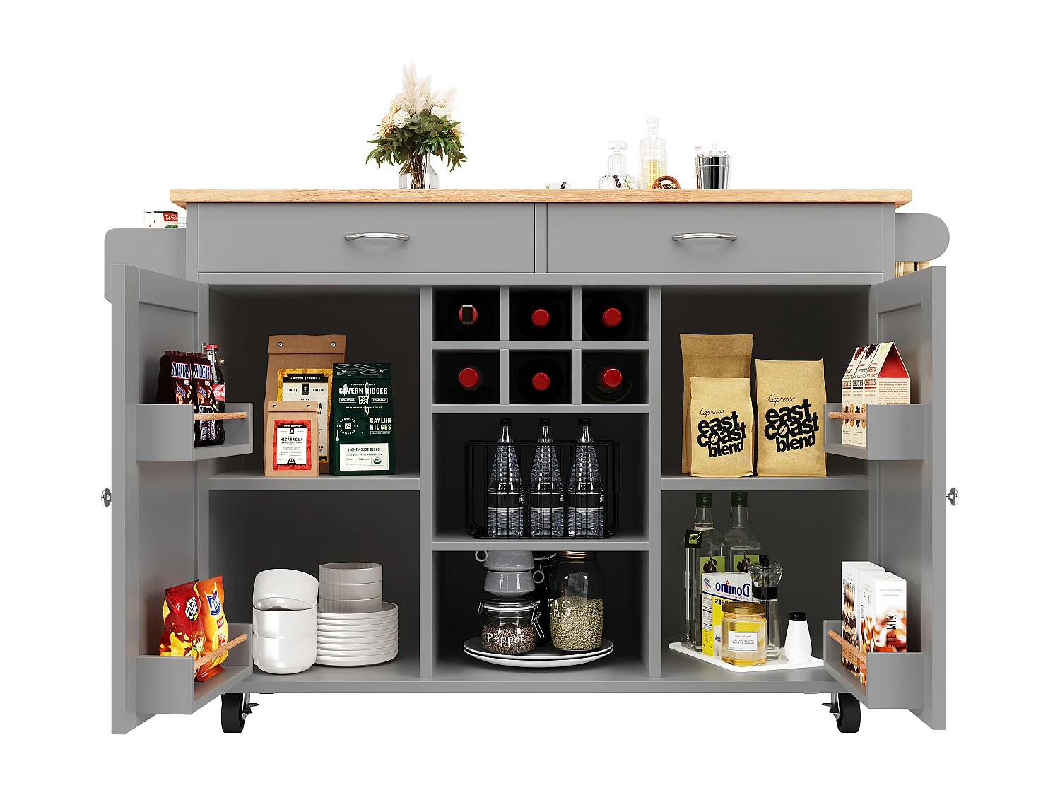 Îlot de cuisine avec plan de travail, rangement flexible et porte-serviettes latéral, bois naturel, noir (102x45x92 cm)