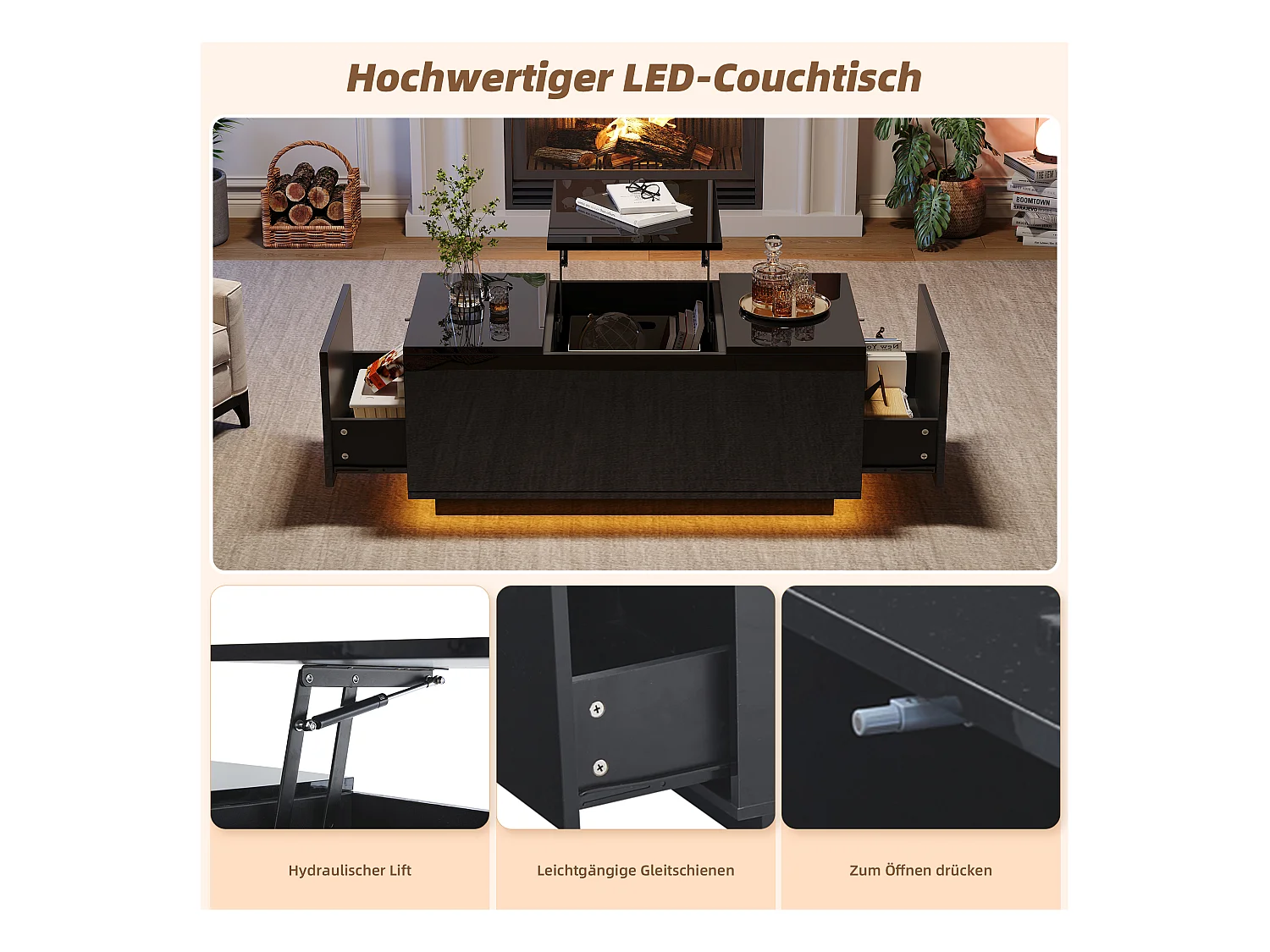 Table basse relevable multifonction, panneau de particules, noir, avec éclairage LED et 2 tiroirs (95x48x40cm)
