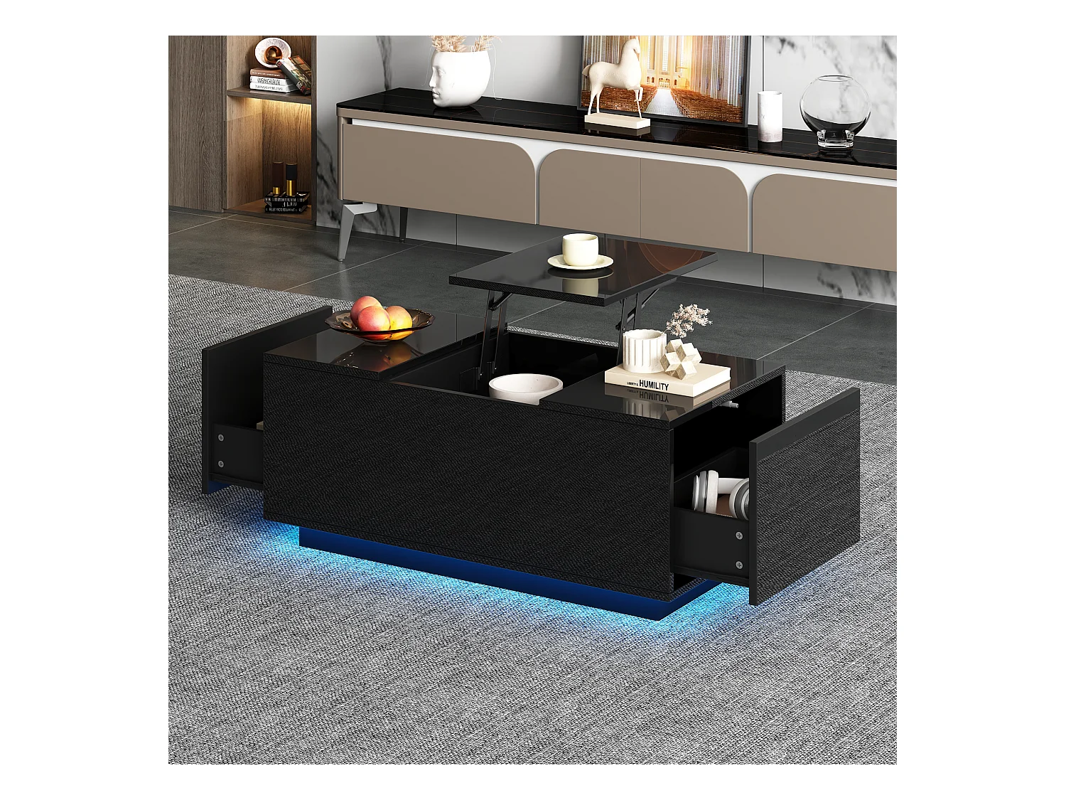 Table basse relevable multifonction, panneau de particules, noir, avec éclairage LED et 2 tiroirs (95x48x40cm)