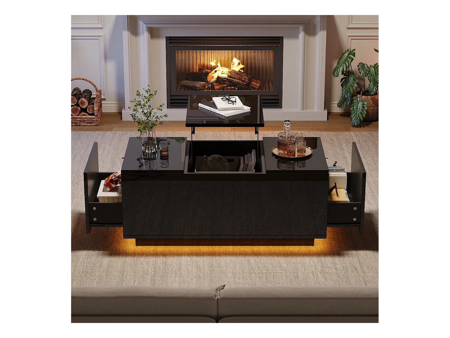 Table basse relevable multifonction, panneau de particules, noir, avec éclairage LED et 2 tiroirs (95x48x40cm)