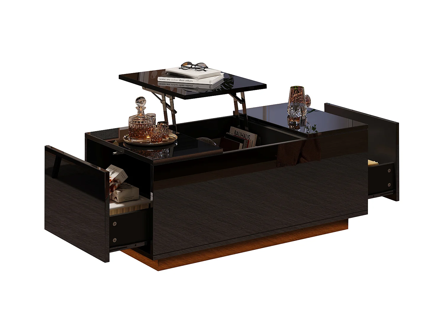 Table basse relevable multifonction, panneau de particules, noir, avec éclairage LED et 2 tiroirs (95x48x40cm)