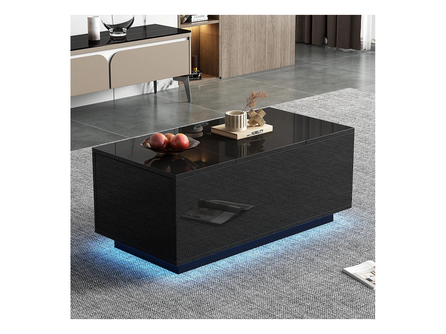 Table basse relevable multifonction, panneau de particules, noir, avec éclairage LED et 2 tiroirs (95x48x40cm)