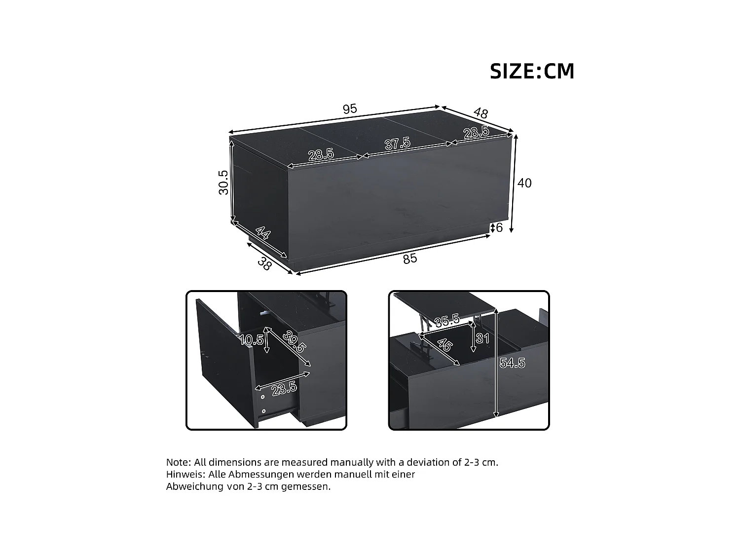 Table basse relevable multifonction, panneau de particules, noir, avec éclairage LED et 2 tiroirs (95x48x40cm)