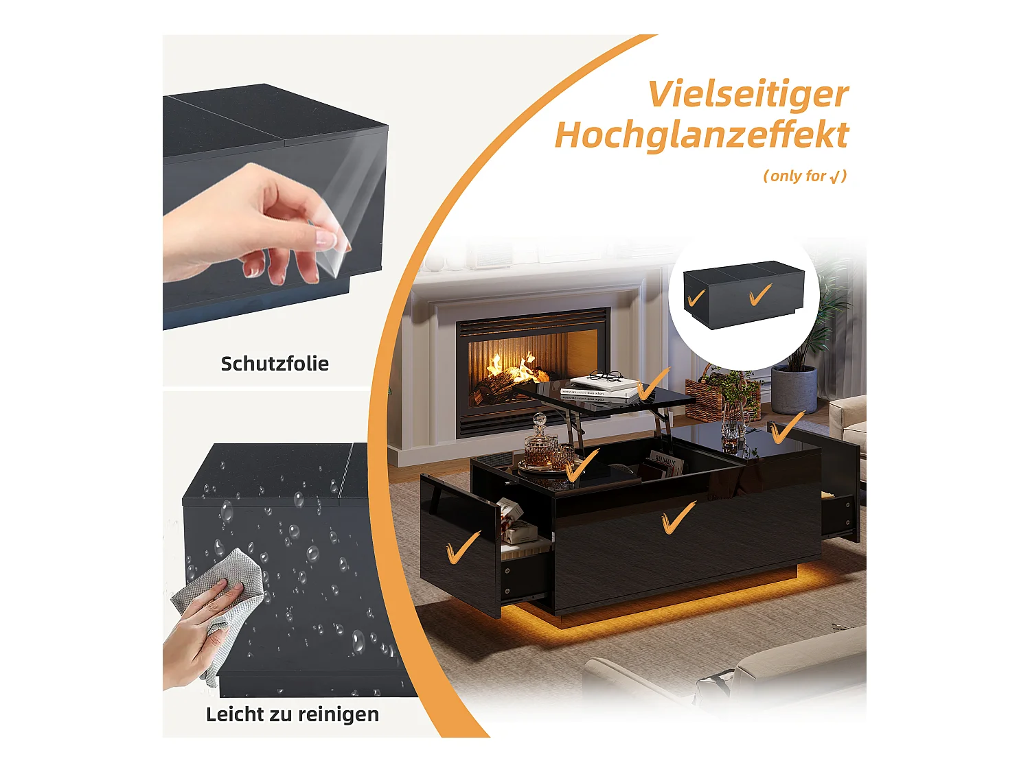 Table basse relevable multifonction, panneau de particules, noir, avec éclairage LED et 2 tiroirs (95x48x40cm)