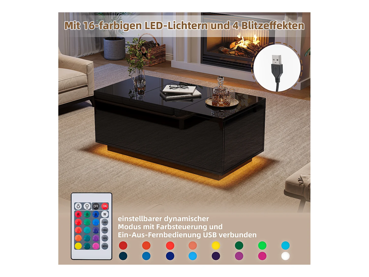 Table basse relevable multifonction, panneau de particules, noir, avec éclairage LED et 2 tiroirs (95x48x40cm)