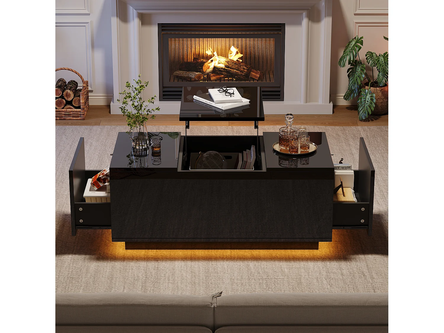 Table basse relevable multifonction, panneau de particules, noir, avec éclairage LED et 2 tiroirs (95x48x40cm)