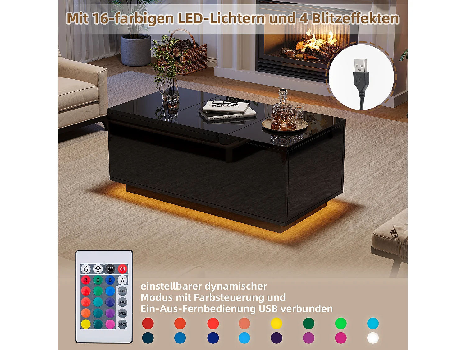 Table basse relevable multifonction, panneau de particules, noir, avec éclairage LED et 2 tiroirs (95x48x40cm)