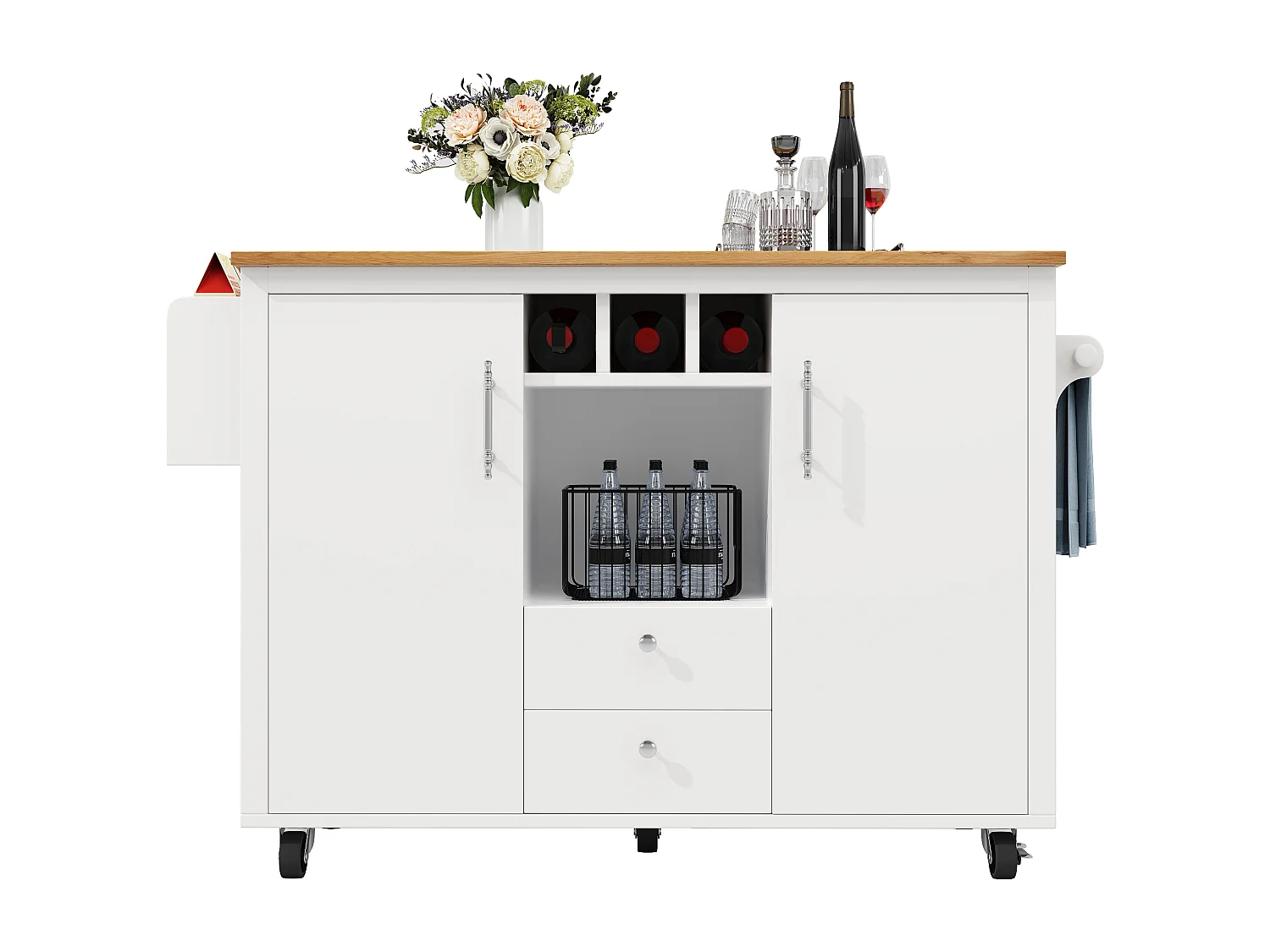 Îlot de cuisine avec table rabattable, MDF et métal, blanc et noir (137.9x73x92.5 cm)