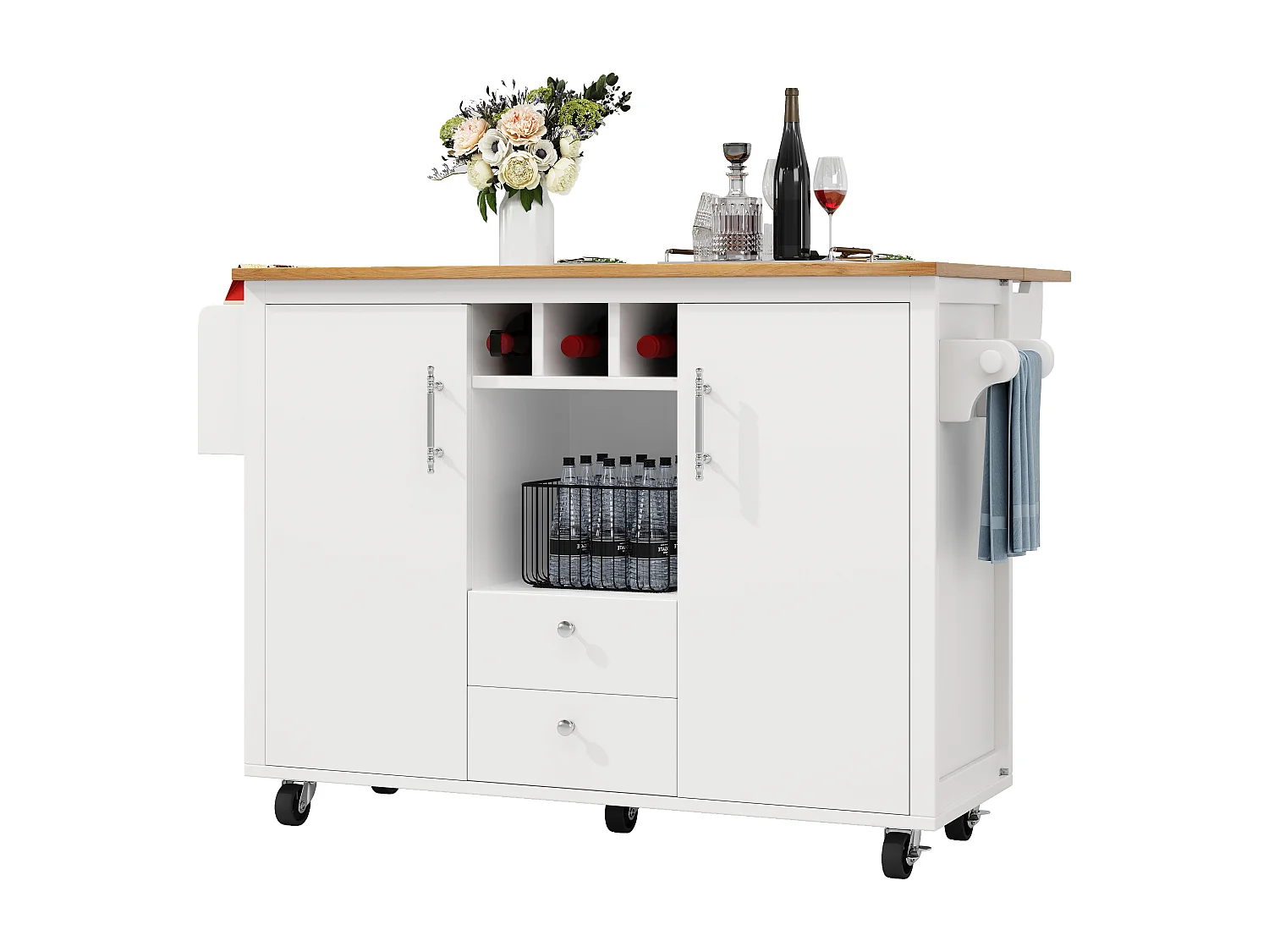 Îlot de cuisine avec table rabattable, MDF et métal, blanc et noir (137.9x73x92.5 cm)