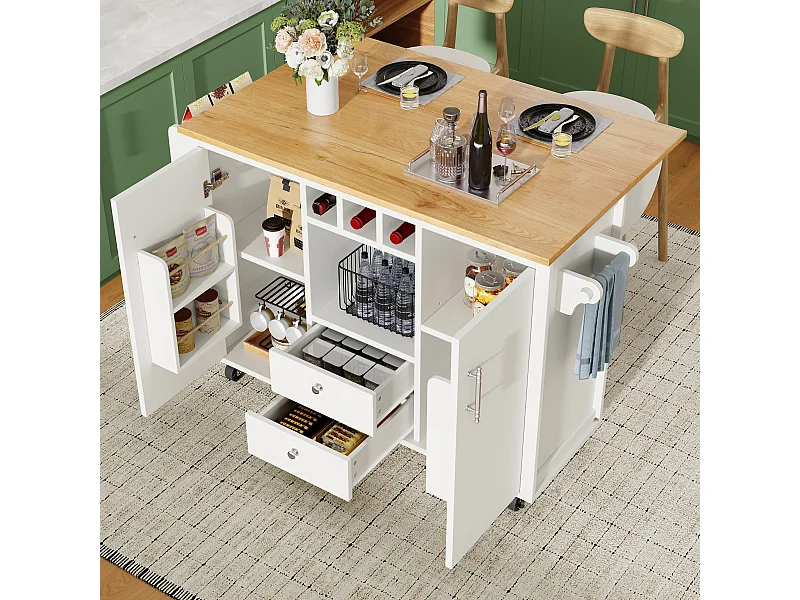 Îlot de cuisine avec table rabattable, MDF et métal, blanc et noir (137.9x73x92.5 cm)