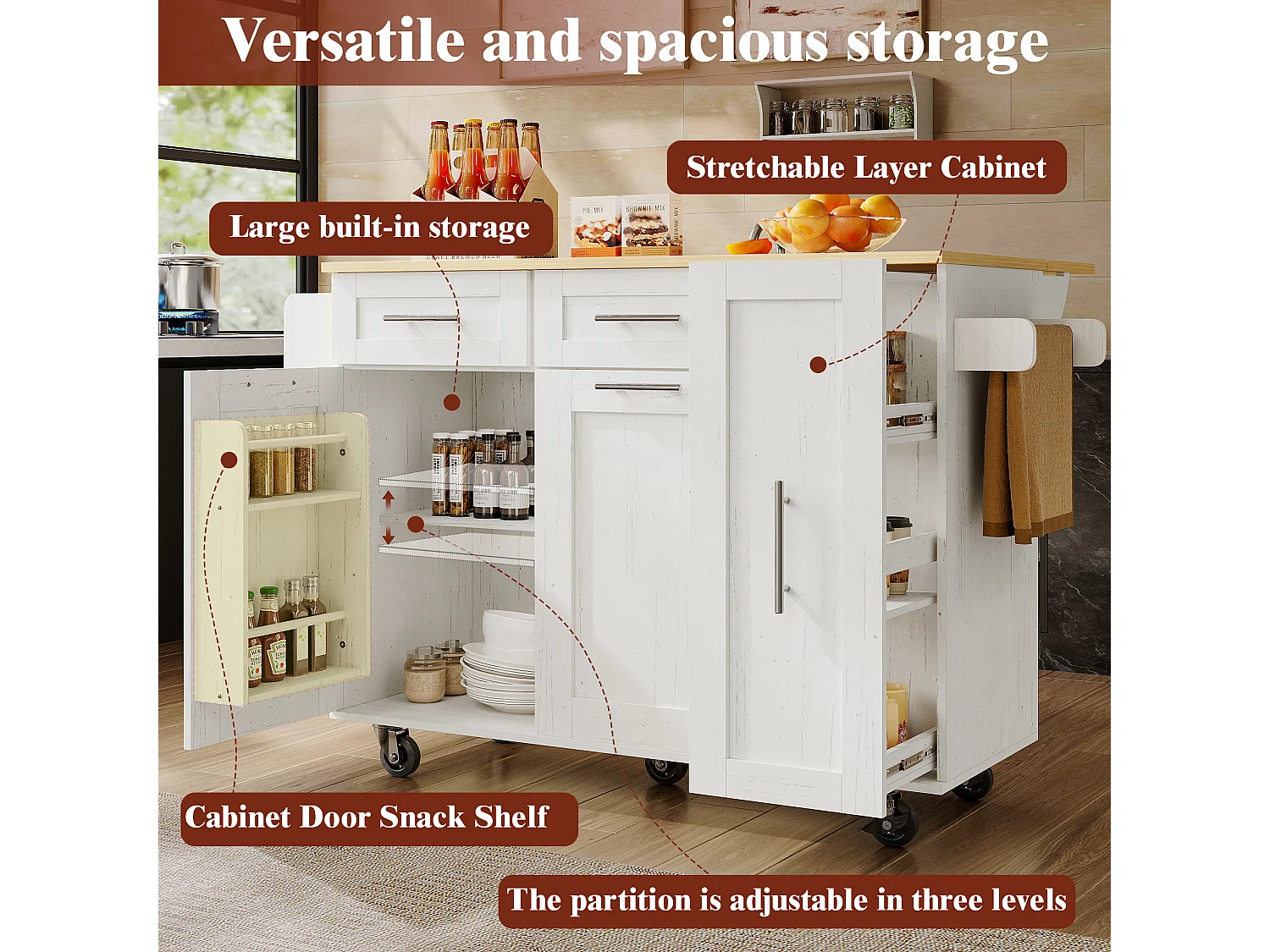 Îlot de Cuisine Moderne, Buffet avec Fonction de Rangement, Table Extensible avec Plan de Travail en MDF et Bois, Blanc, (137.5 x 46 x 90.5 cm)