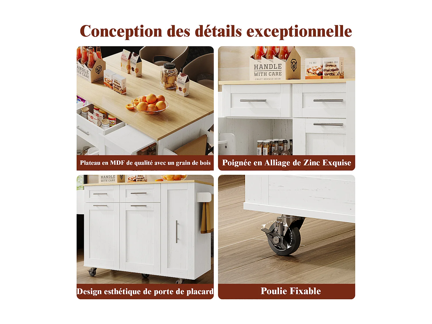 Îlot de Cuisine Moderne, Buffet avec Fonction de Rangement, Table Extensible avec Plan de Travail en MDF et Bois, Blanc, (137.5 x 46 x 90.5 cm)