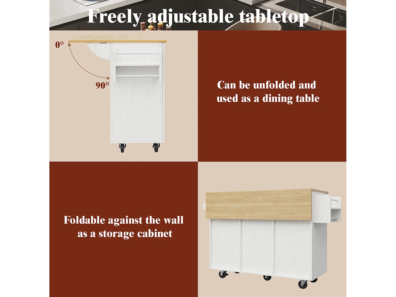 Îlot de Cuisine Moderne, Buffet avec Fonction de Rangement, Table Extensible avec Plan de Travail en MDF et Bois, Blanc, (137.5 x 46 x 90.5 cm)