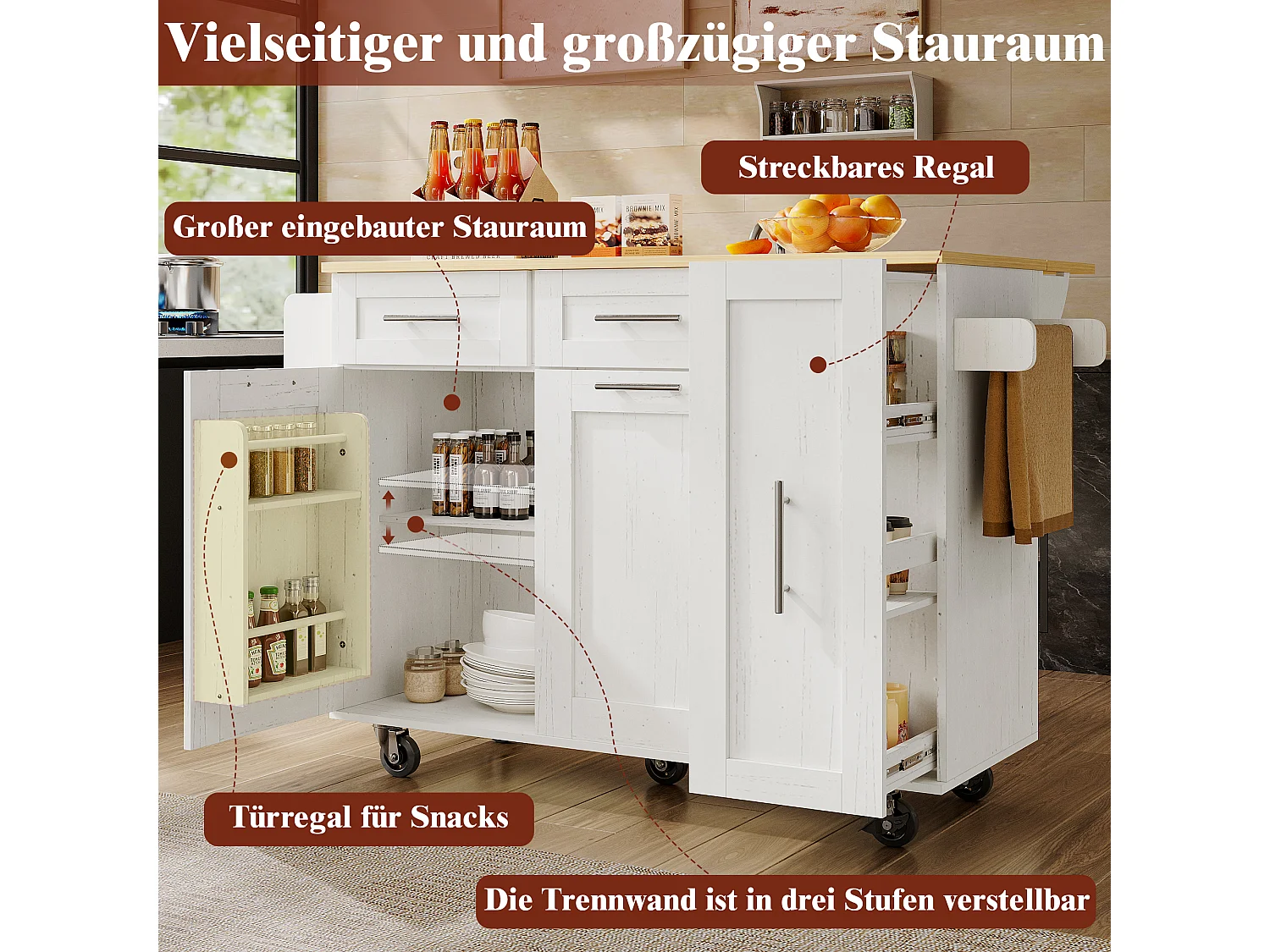 Îlot de Cuisine Moderne, Buffet avec Fonction de Rangement, Table Extensible avec Plan de Travail en MDF et Bois, Blanc, (137.5 x 46 x 90.5 cm)
