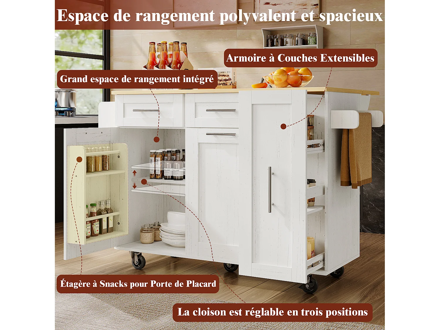 Îlot de Cuisine Moderne, Buffet avec Fonction de Rangement, Table Extensible avec Plan de Travail en MDF et Bois, Blanc, (137.5 x 46 x 90.5 cm)